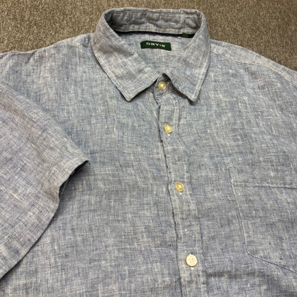 Orvis Mens XXL Blue Short Sleeve Button Down Shirt Chambray Style Linen Blend